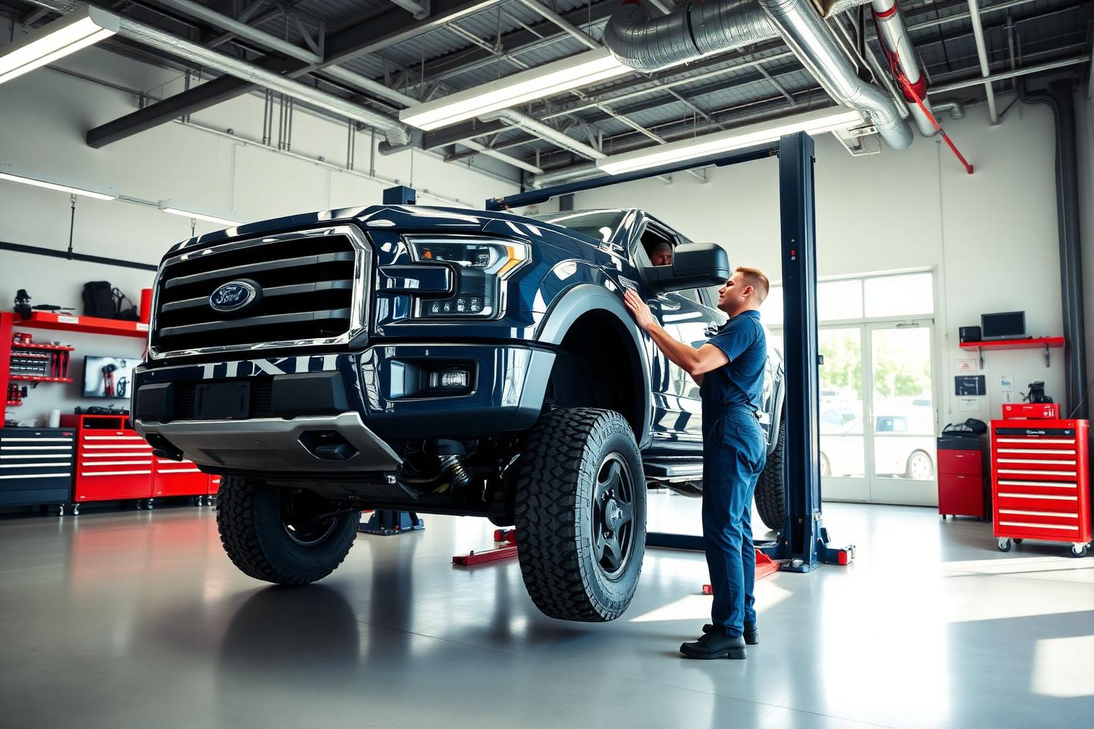 ASE-certified mechanic inspecting a truck in the Complete Autobody & Repair service bay